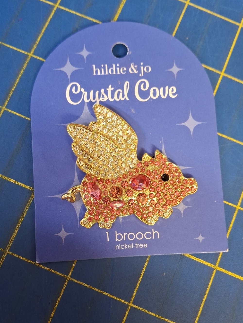 Hildie & Jo Pink Crystal Flying Pig 2" Brooch New